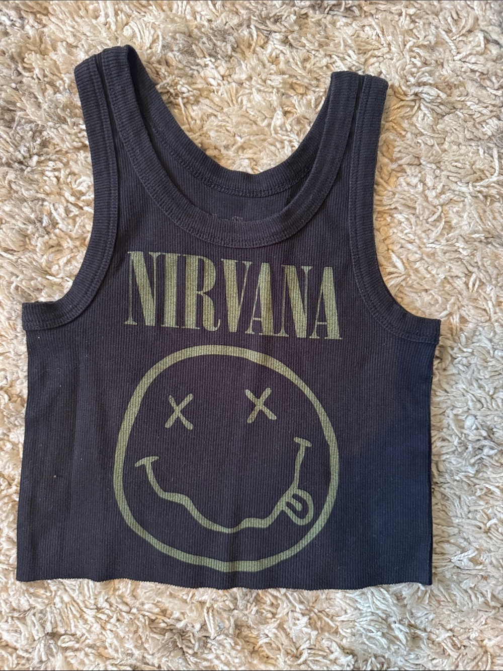 NIRVANA Black Tank Top with Olive Smiley Graphic